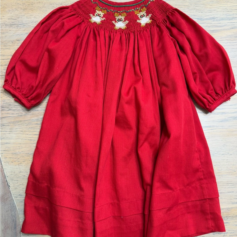 Red Smocked Dress with Floral Embroidery